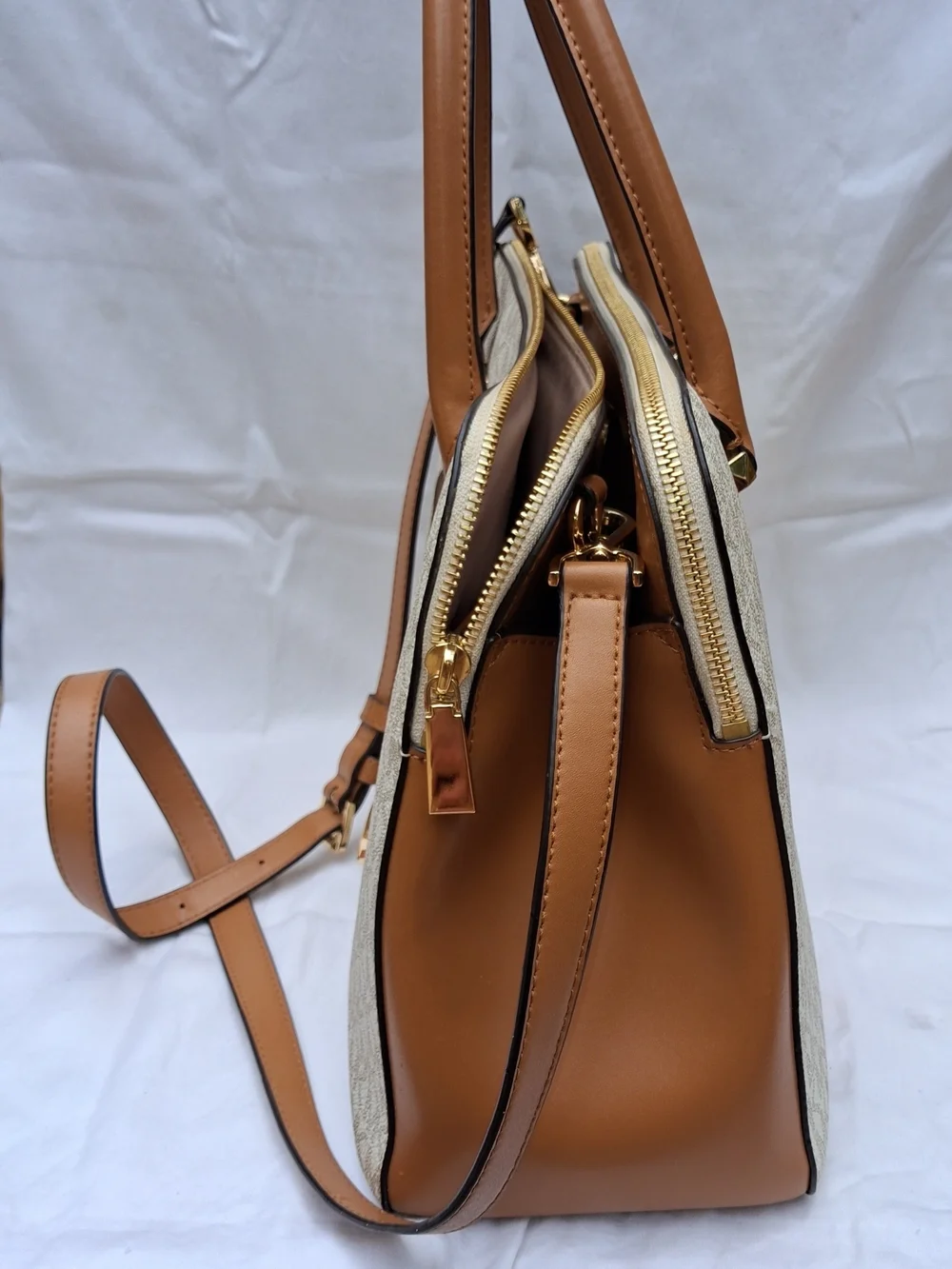 Michael Kors Beige Signature MK Satchel with Acorn Trim